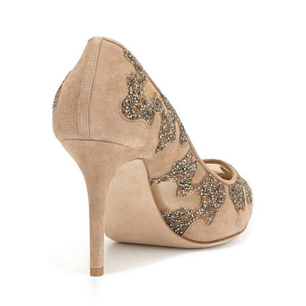 Jimmy Choo Karmel 120 Nude Suede Crystal Wedding Occasion Pointy Toe Mesh Pump - Picture 14 of 16